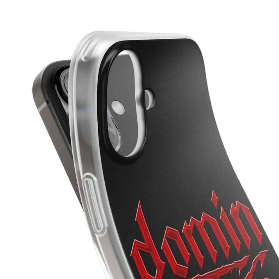 Stylish black phone case with red "Demon" graphic design for K-pop fans, fits iPhone models, protects your device with a sleek, trendy look.