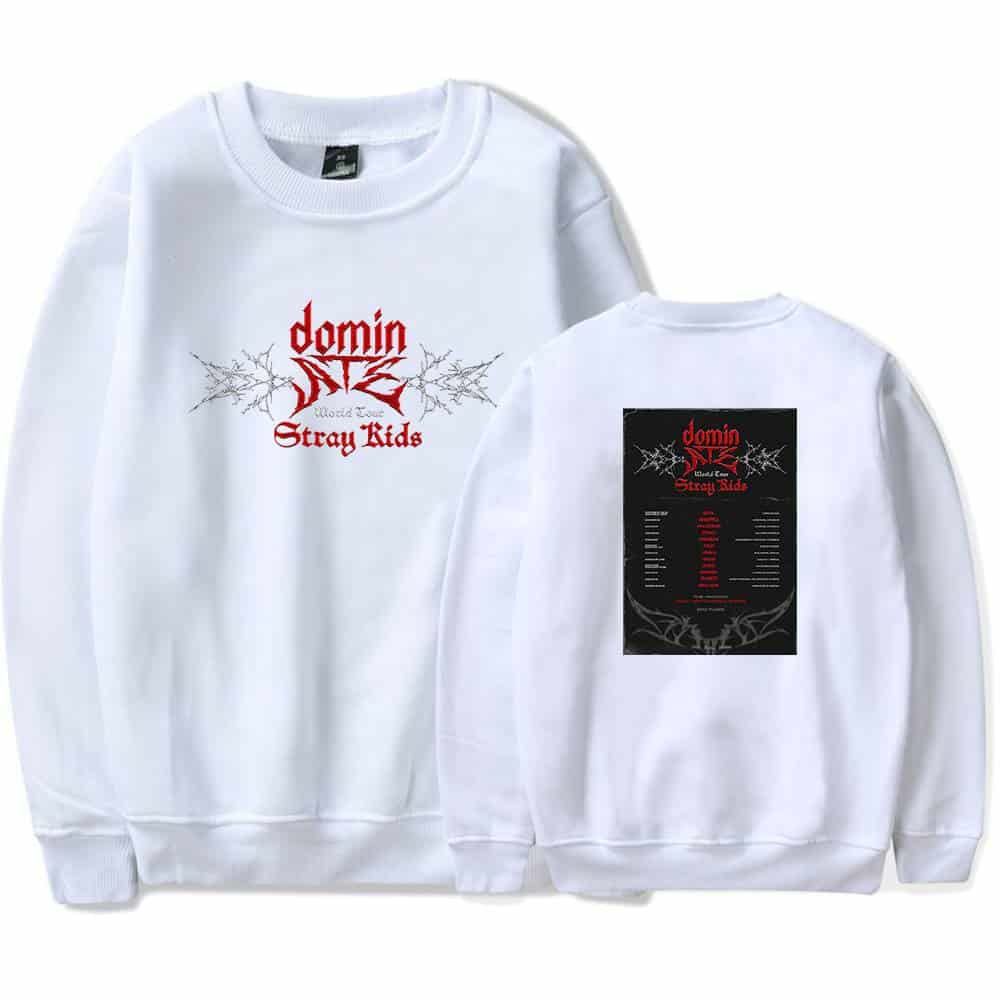 Colorful K-pop merchandise hoodie with bold red and black graphic design.