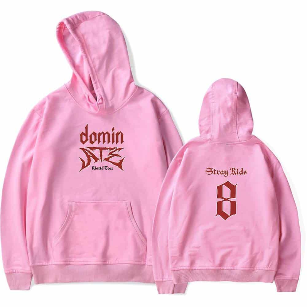 Domin NME world tour pink hoodie with digital number 8 on the back.