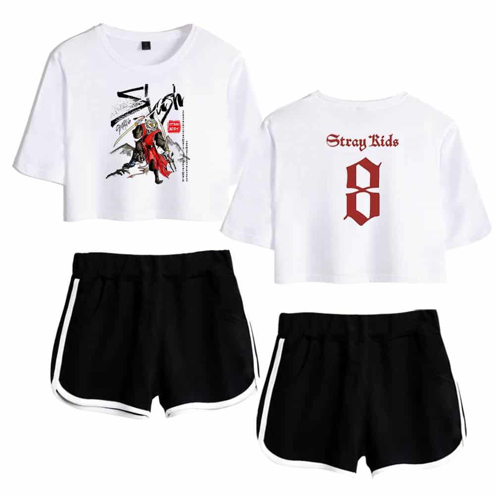 Stylish K-pop merchandise set with graphic tees and sporty shorts for fans.