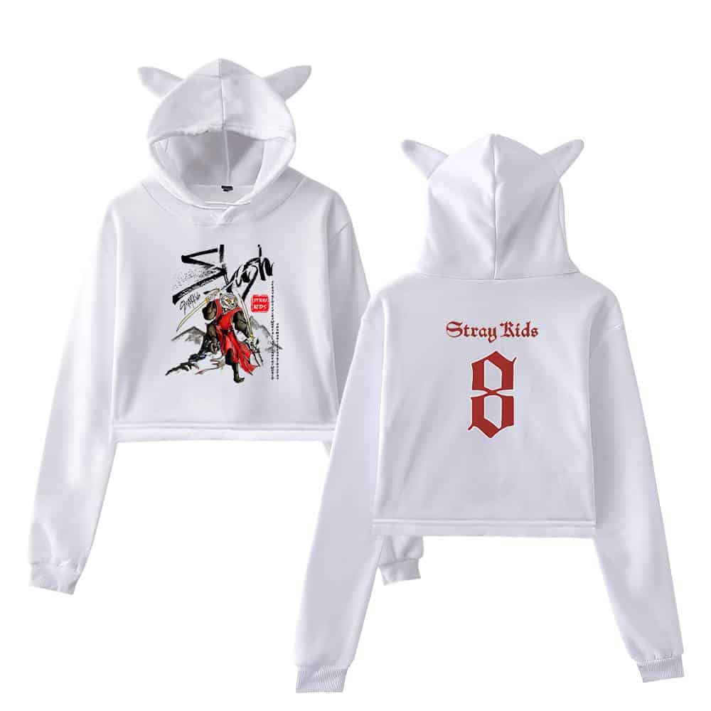 Anime-inspired white hoodie with cat ears and "Stray Kids" graphic design, perfect for K-pop fans and merch collectors.