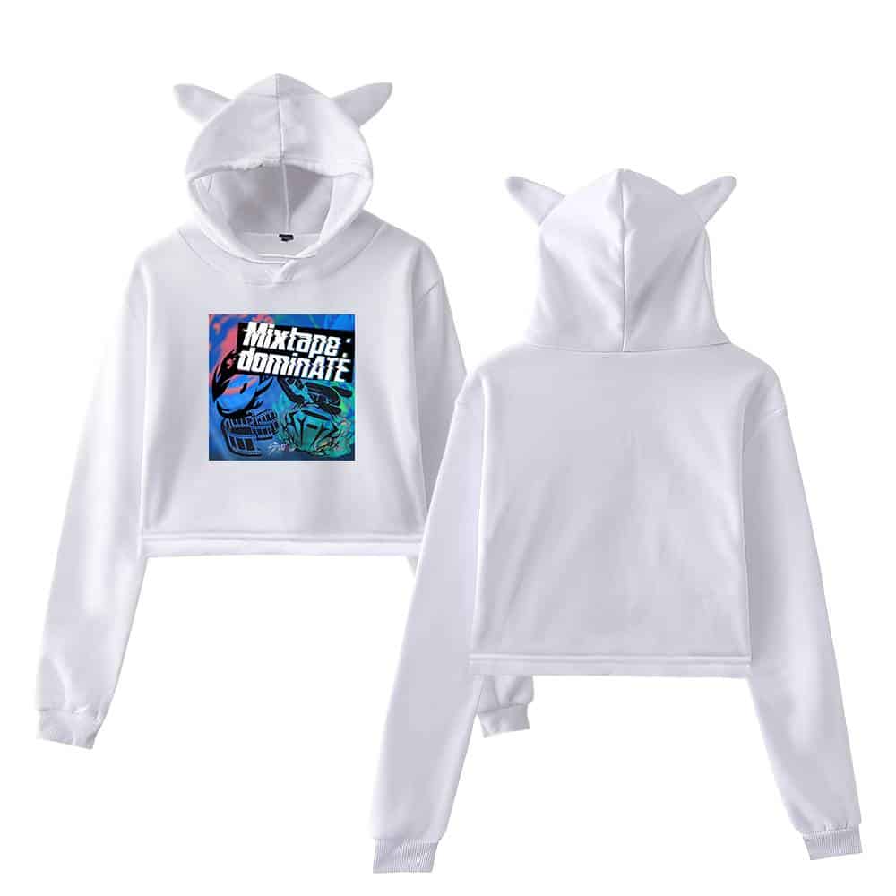 White hoodie with cute animal ears and a graphic print inspired by K-pop style.