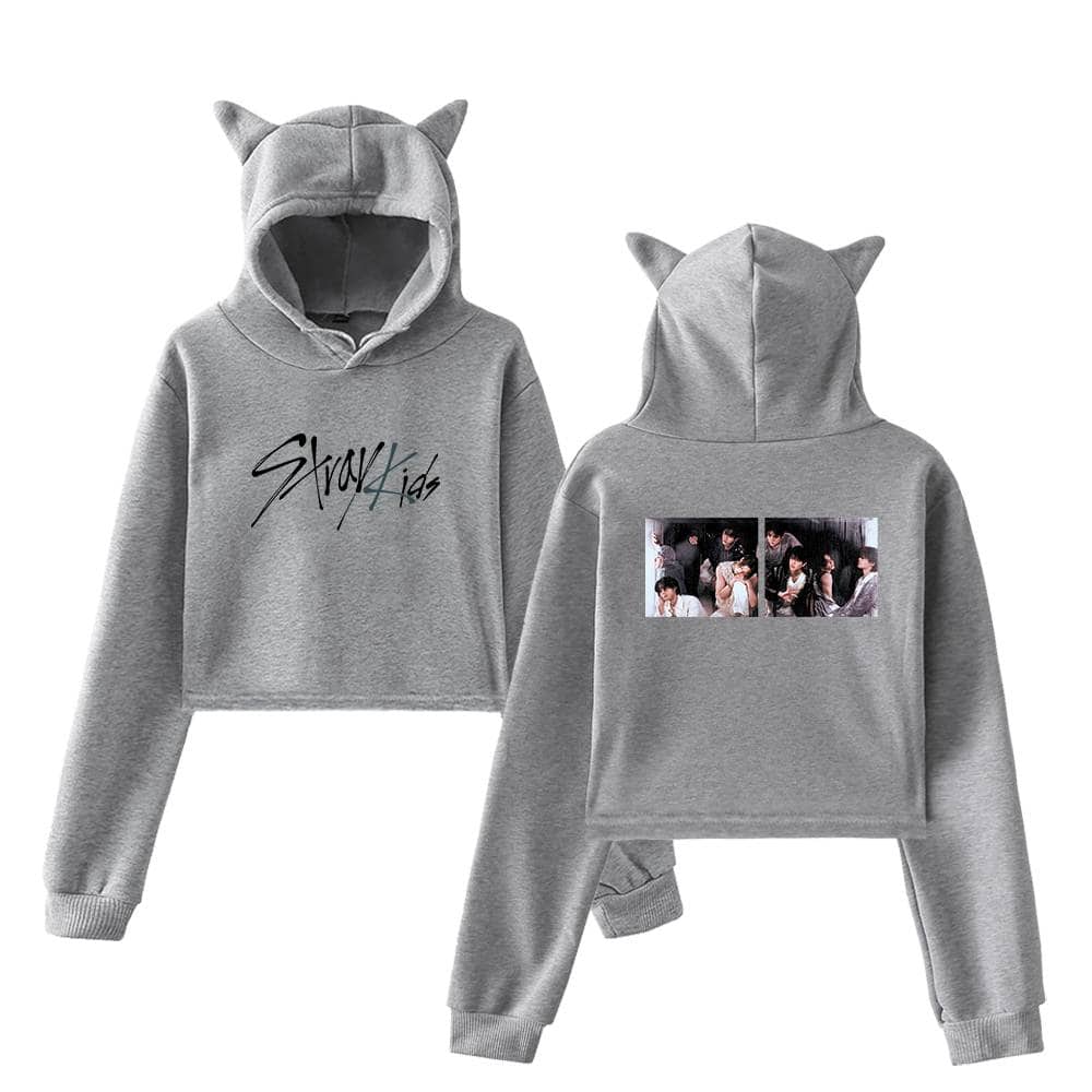 Cute gray hoodie and sweatpants set featuring cat ear hoods and K-pop themed prints, perfect for fans of K-pop merch and stylish casual wear.