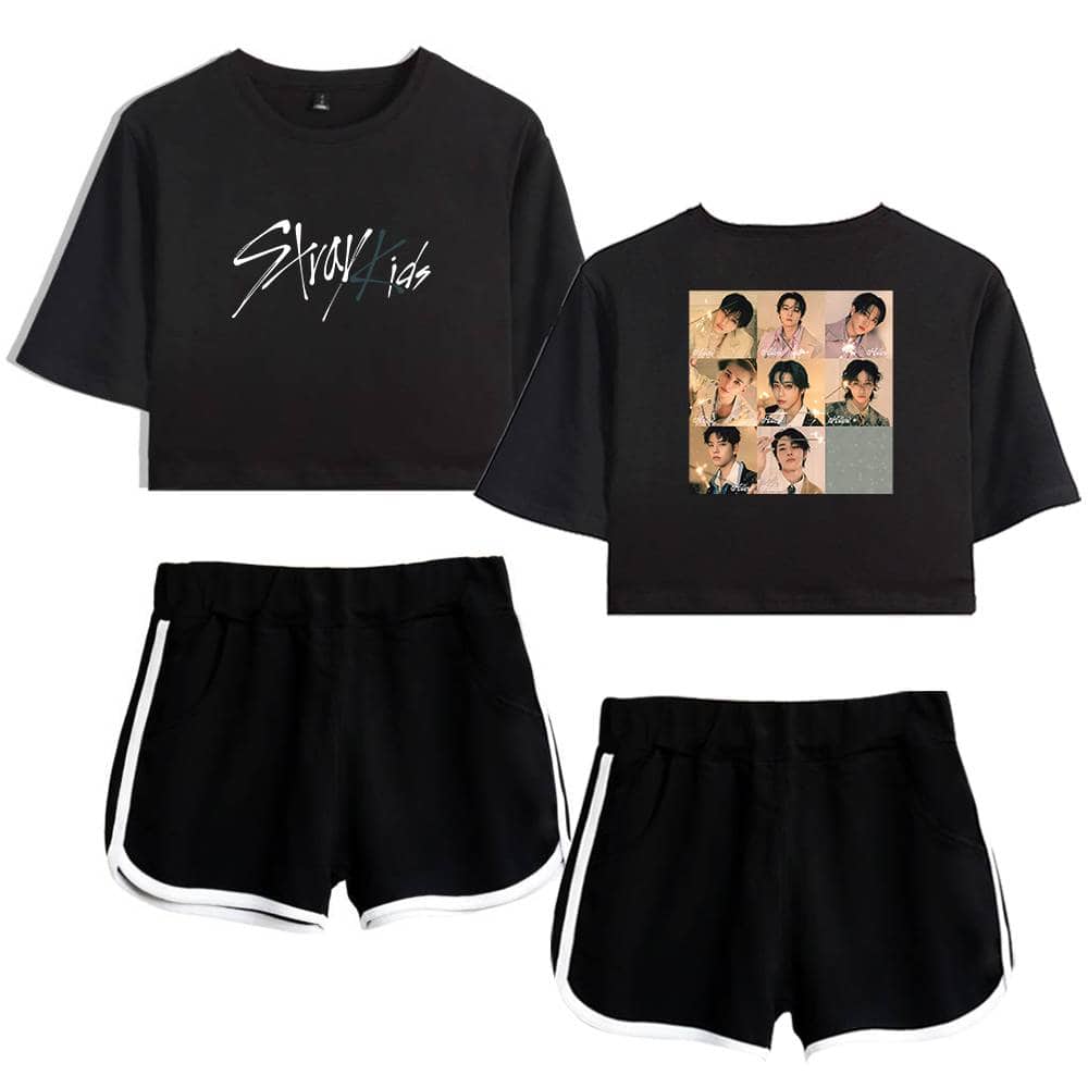 Black cropped T-shirts with group photo and text design.