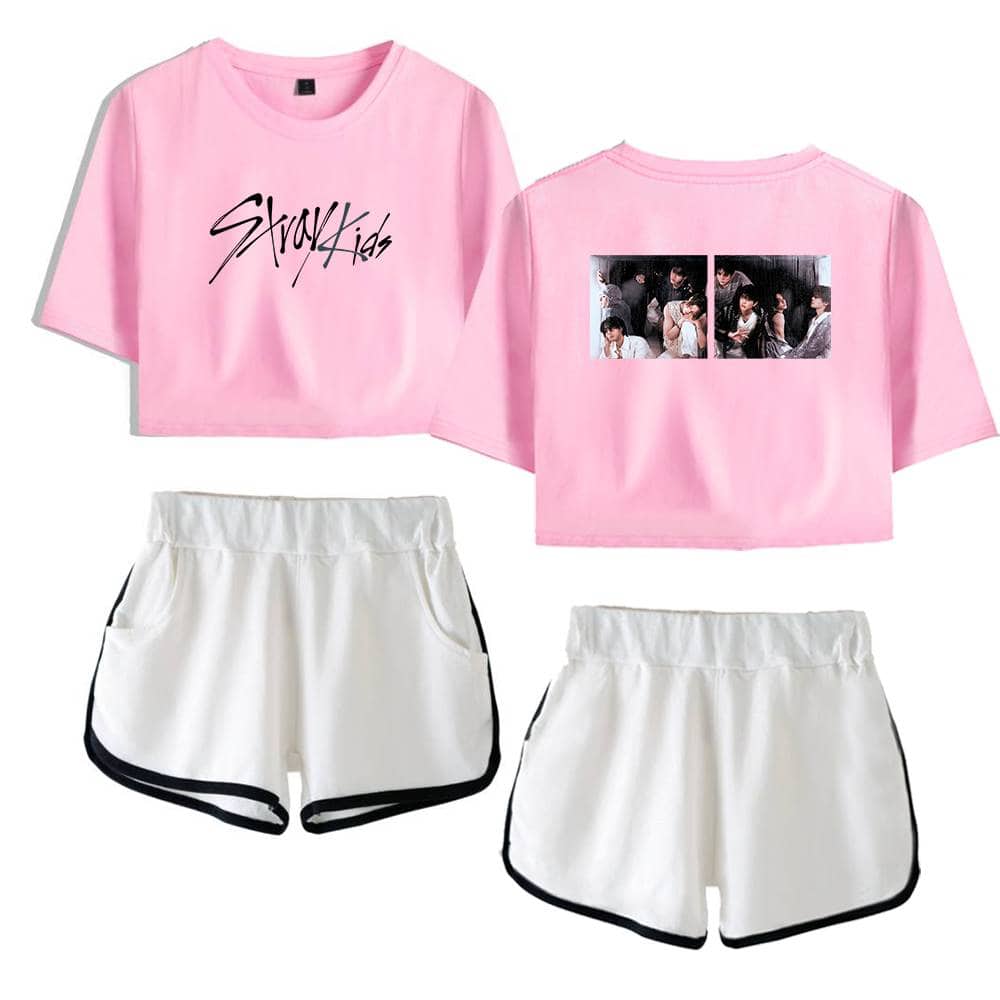 Pink K-pop merch set featuring a graphic crop top and matching shorts, perfect for fans of the popular K-pop group Stray Kids. Comfortable and stylish for everyday wear.