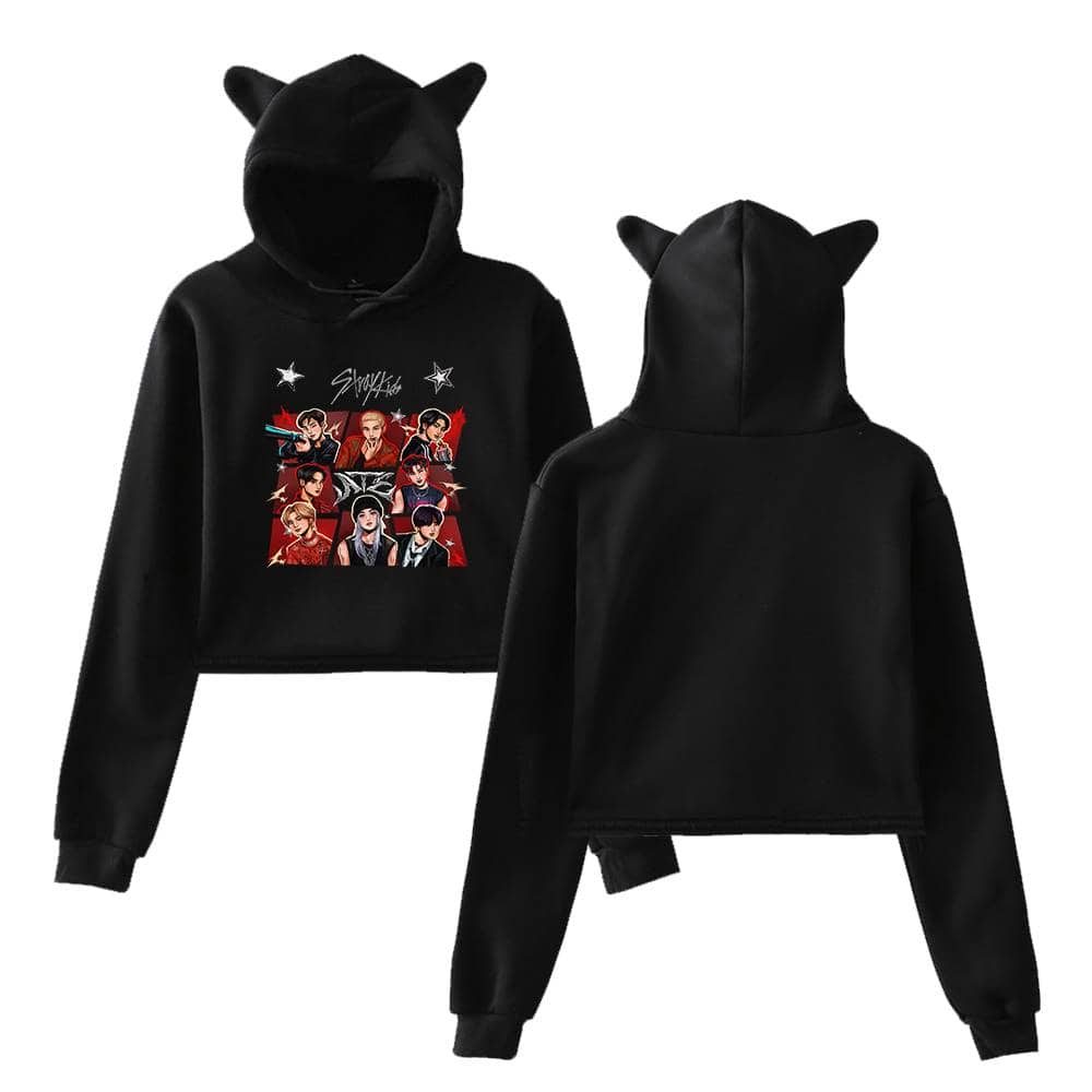 Kpop merch hoodie with cartoon group design and cute animal ear hoodie accents.