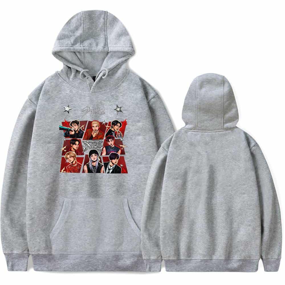 Kpop merch hoodie featuring popular idol group graphic design.