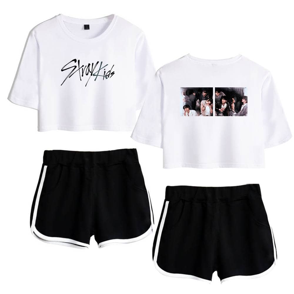 Stray Kids graphic t-shirt and shorts set for K-pop fans.