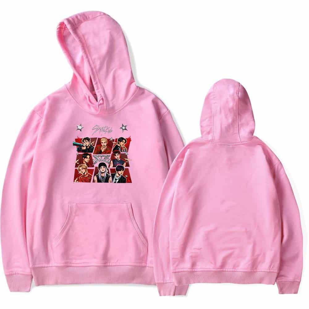Pink hoodie with BTS members graphic and "Switch" text, front and back view, casual K-pop merchandise sweatshirt for fans.