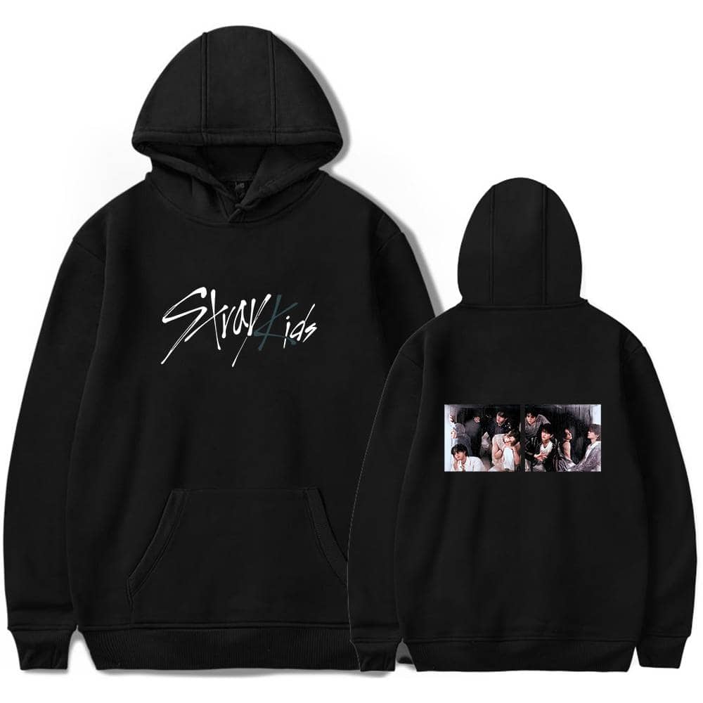 Black hoodie with group photo and "Stray Kids" text, perfect for K-pop fans.