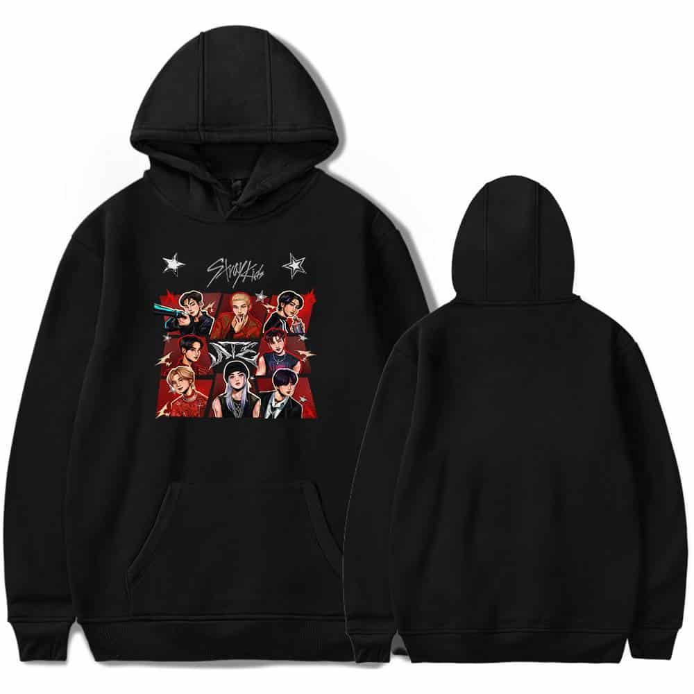 Kpop merch hoodie featuring animated group members with bold colors and designs.