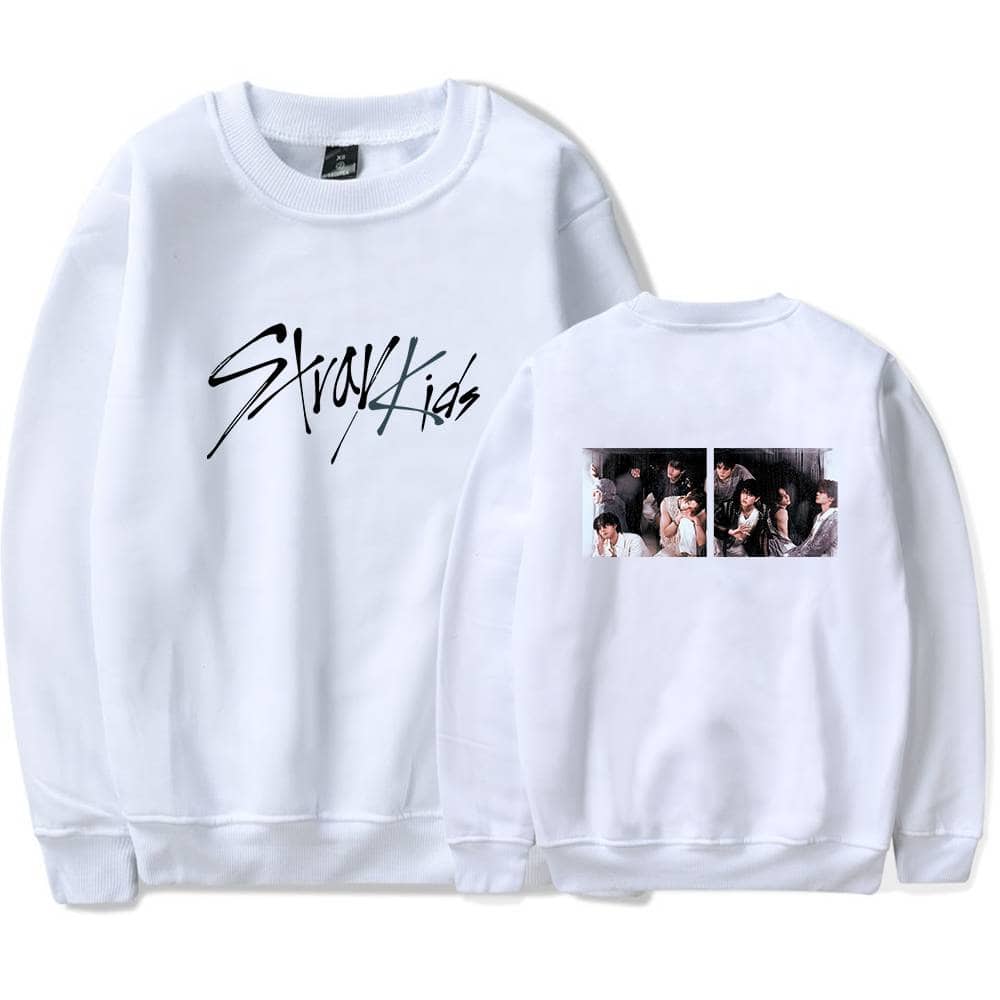 Stylish K-pop sweatshirt featuring a group photo on the back and "Stray Kids" graphic on the front, perfect for K-pop fans and merch collectors.