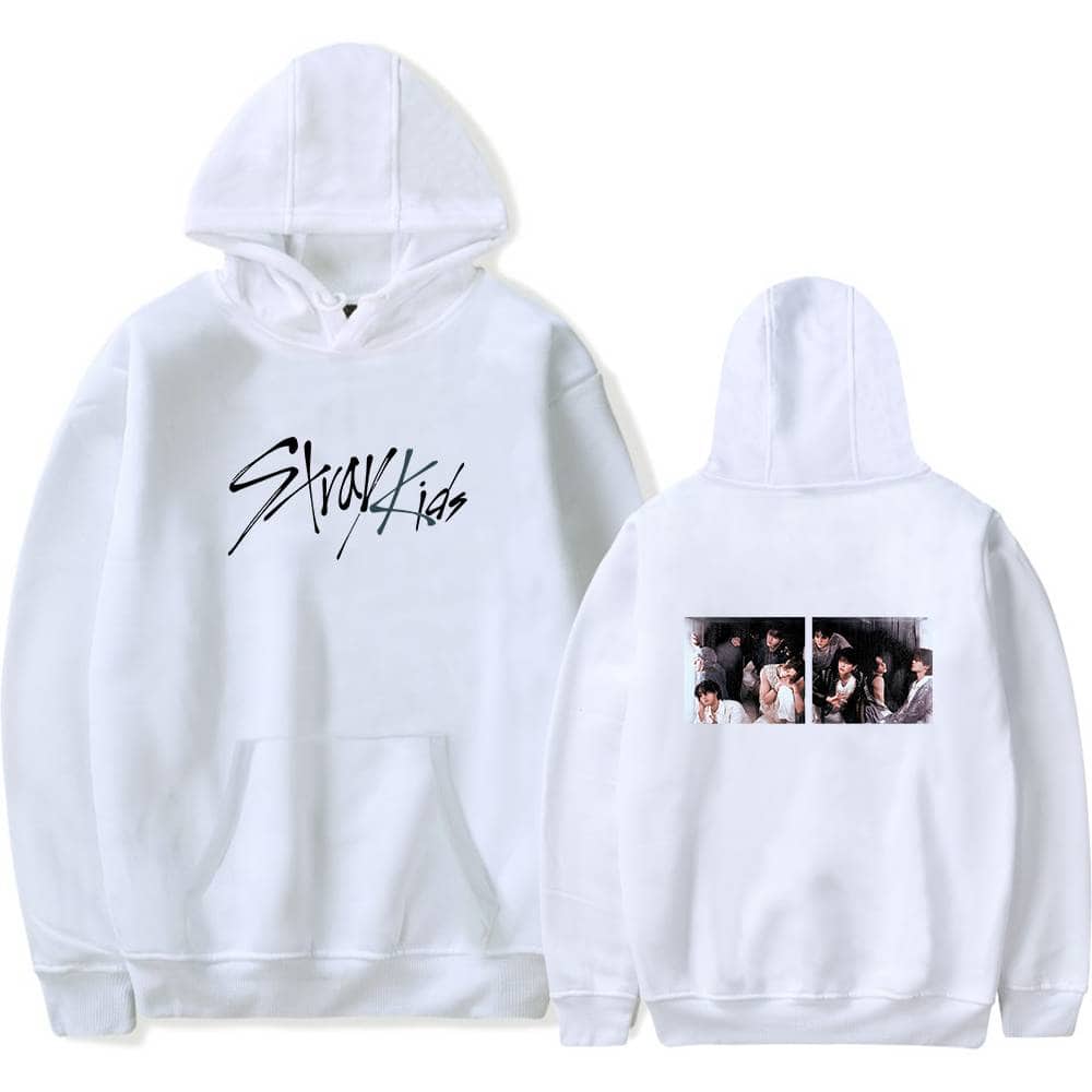 Stylish white hoodie featuring Stray Kids logo and group photo on the back, perfect for K-pop fans and merch collection.