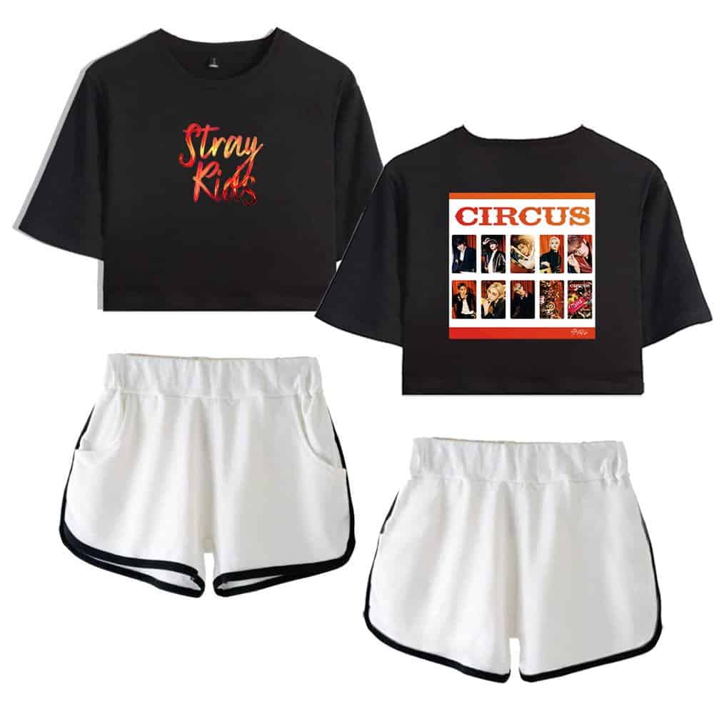 Crop top with "Stray Kids" and "Circus" graphic design for K-pop fans.