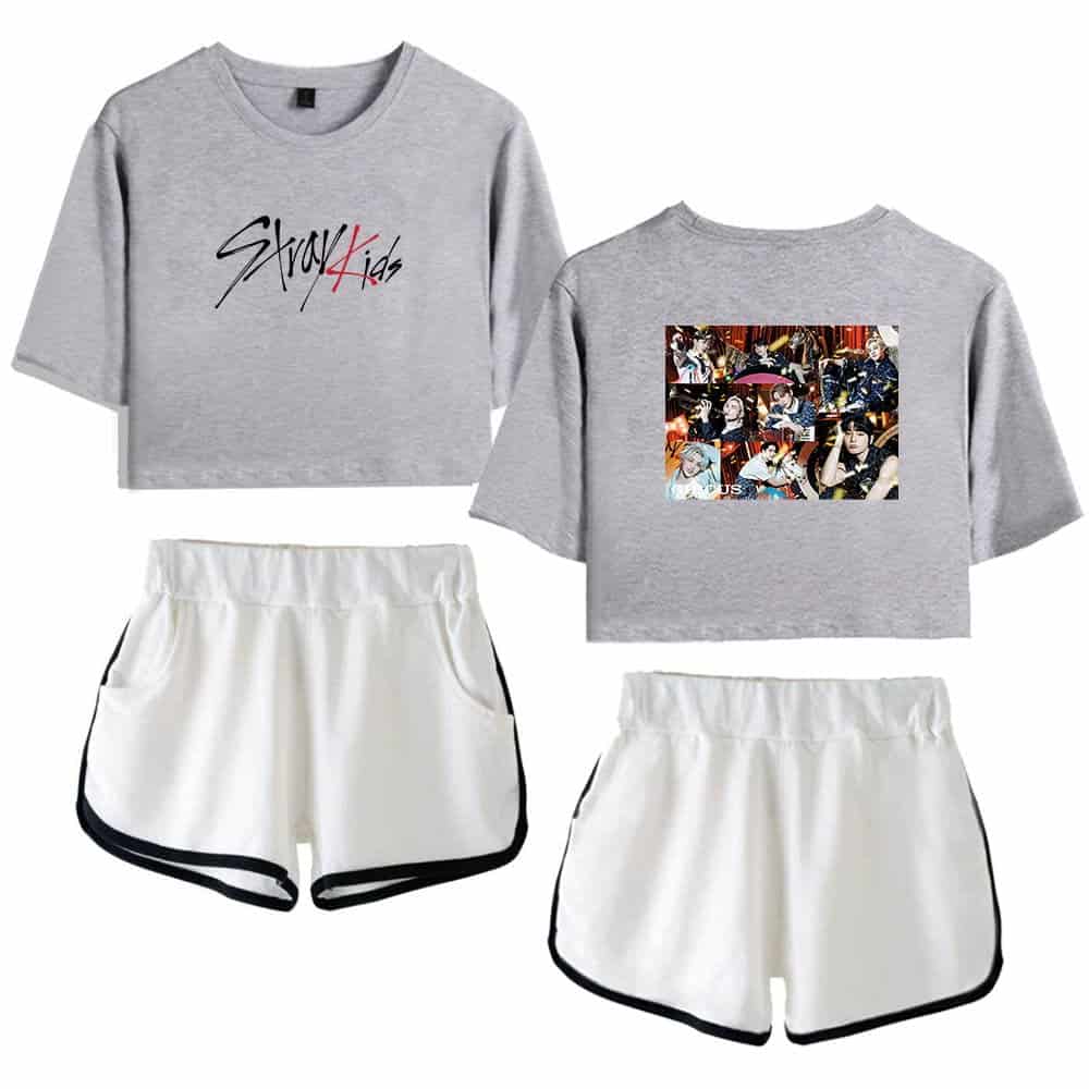 Stray Kids graphic t-shirt and shorts set, trendy K-pop merchandise for fans.
