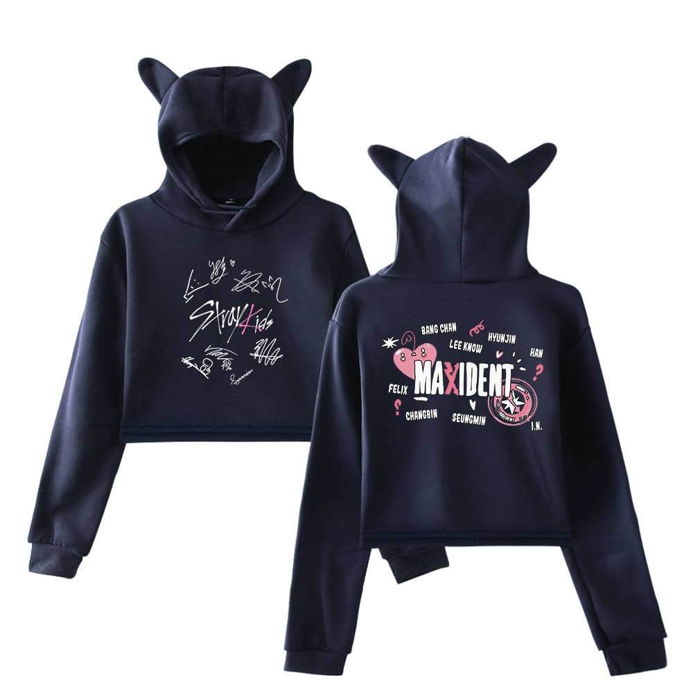 Stylish black K-pop girl hoodie with playful bear ears hood, featuring signed autographs and colorful MAXIDENT design, perfect for K-pop fans and merchandise collections.