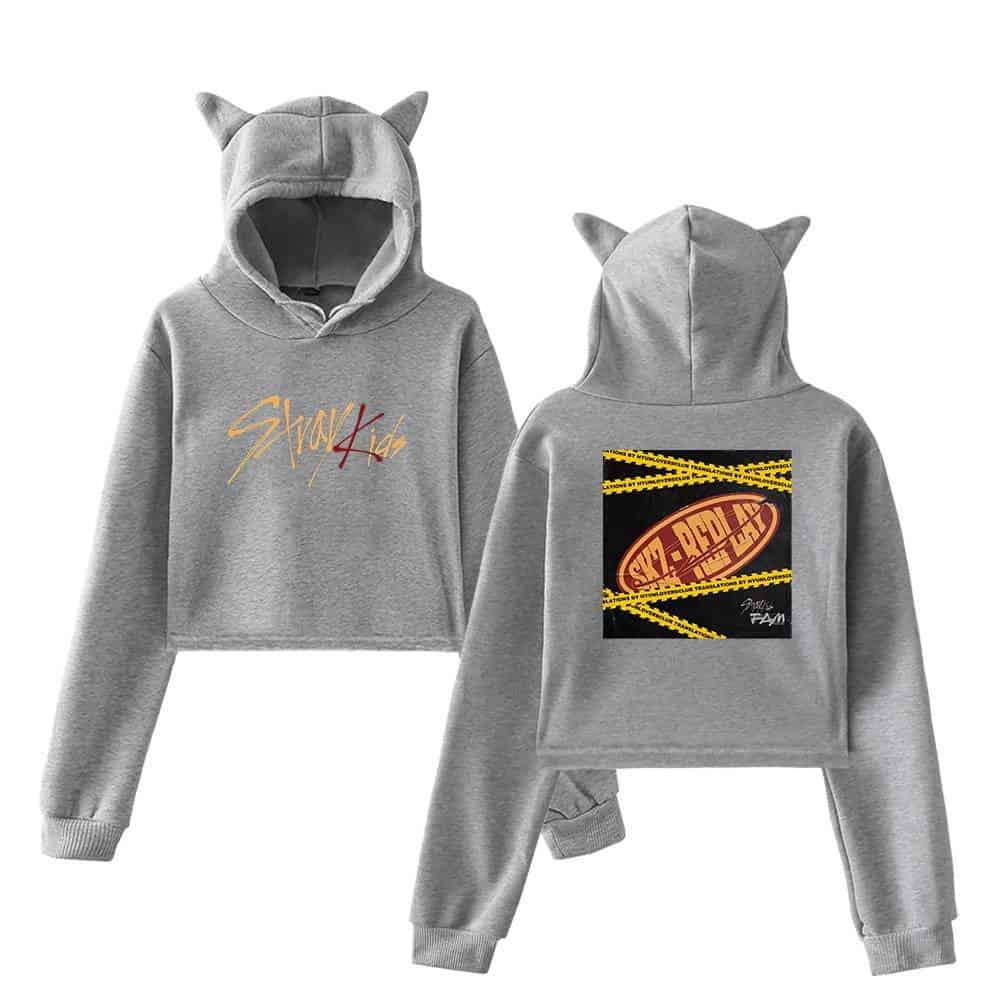 Trendsetting grey hoodies with playful cat ear hoods, perfect for K-pop fans, featuring stylish graphics and comfortable fit.