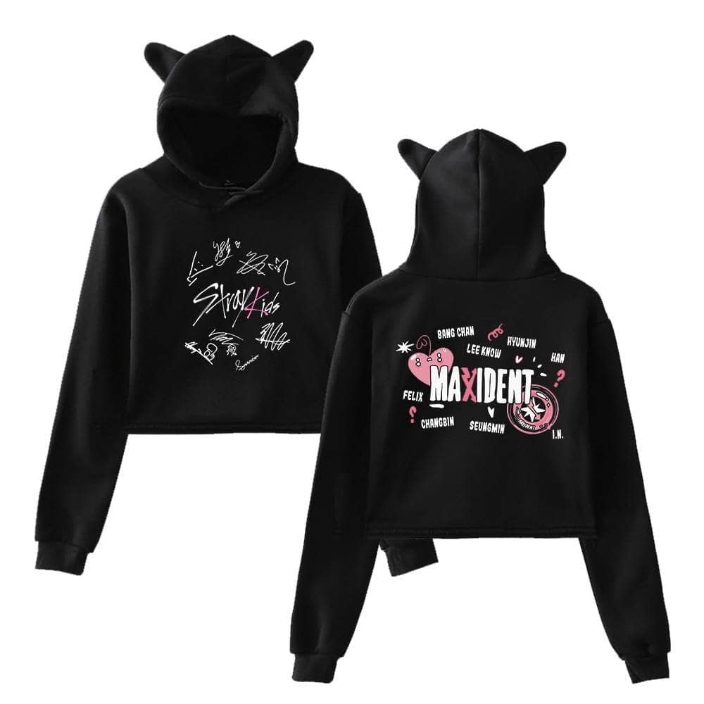 Signed K-pop group hoodie with Maxident design and signature graphics.