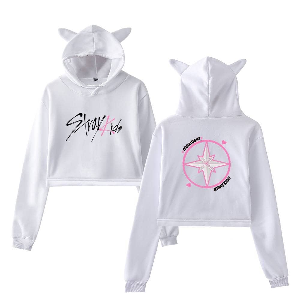 Cute white hoodie set with "Stay Kids" and pink star design, featuring bear ears on the hood, perfect for K-pop merch fans.