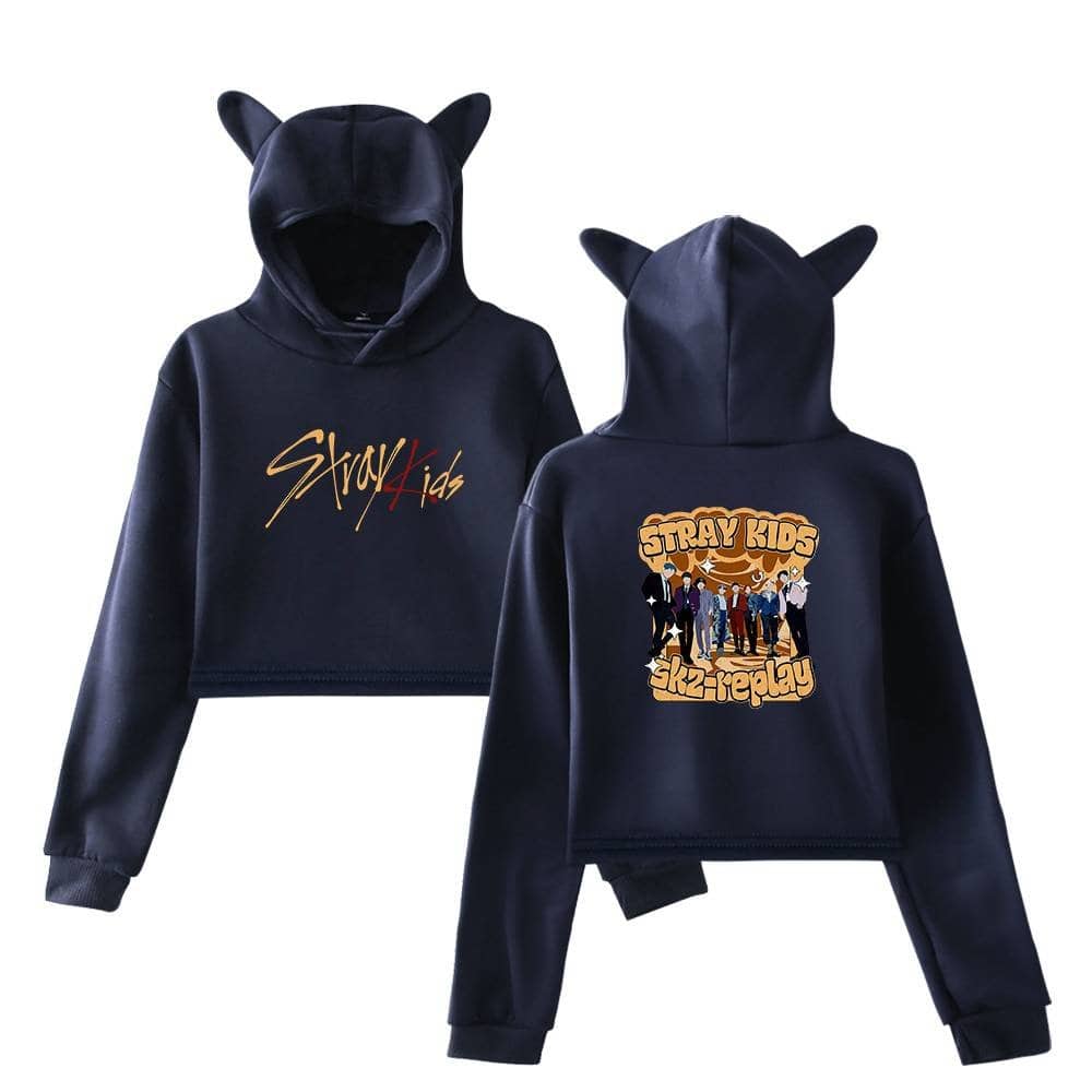 Stray Kids hoodie with bear ears and graphic print, trendy K-pop merchandise for fans.
