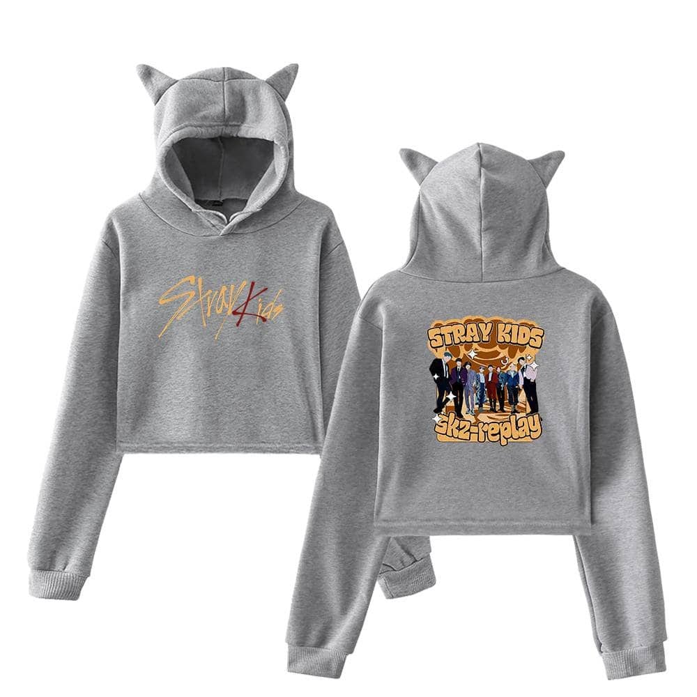 Cute grey hoodie set with cat ear hood, featuring Stray Kids logo and band members design, perfect for K-pop fans and stylish streetwear.