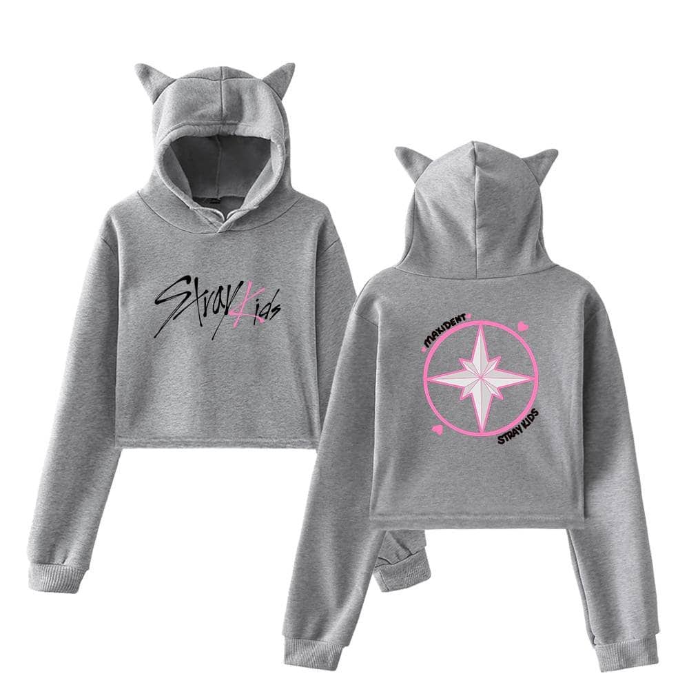 Stylish gray K-pop hoodie set with cat ears, featuring Stay4Kids and Madtient graphics. Perfect for fans to showcase their love for K-pop merchandise.