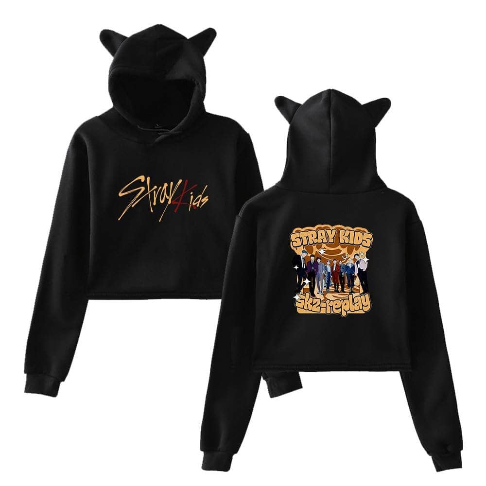 Kpop merch hoodie with STRAY KIDS graphics and cute cat-ear hood details.