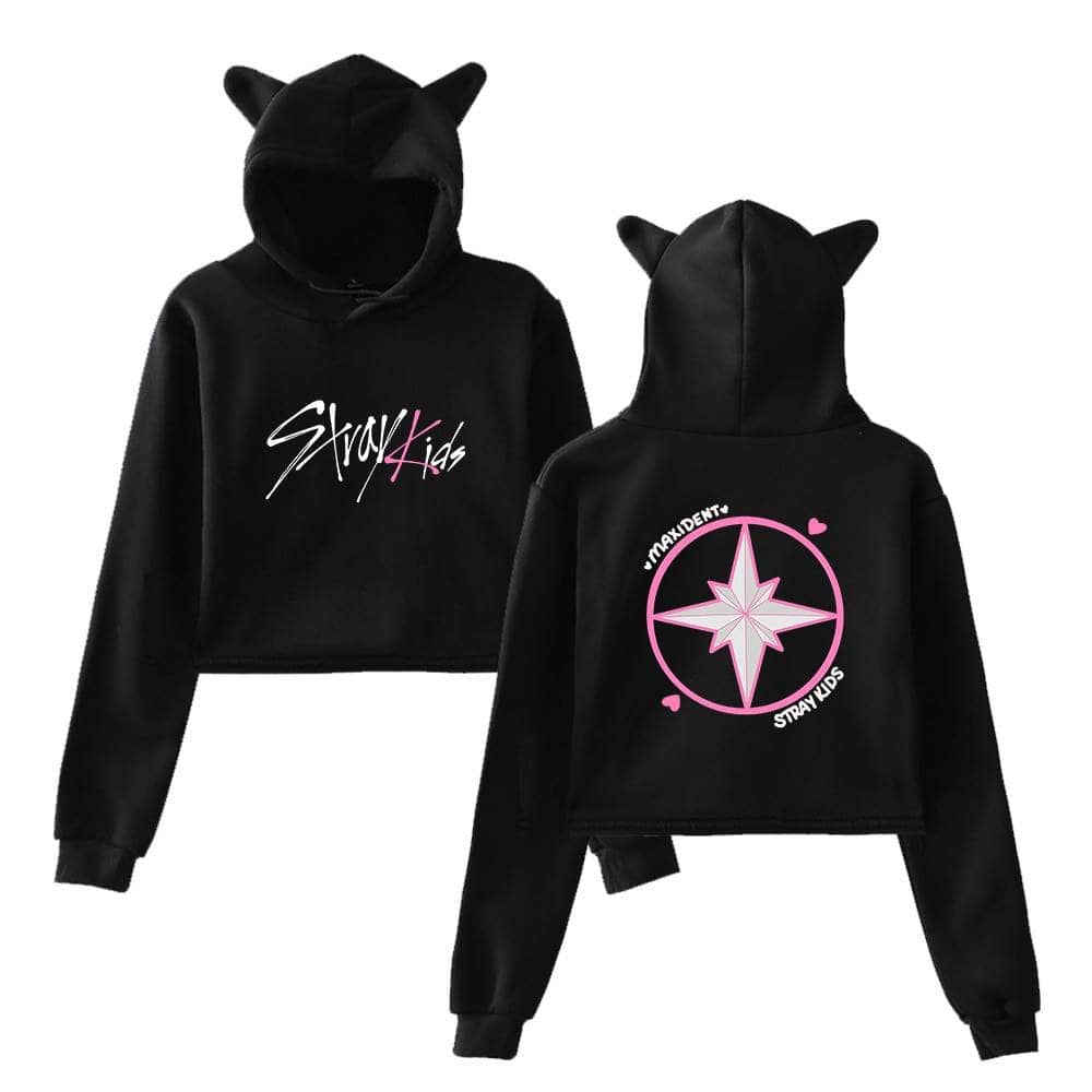 Stylish black K-pop hoodie with star and heart graphics, perfect for fans of Stay Kids and Stray Kids.