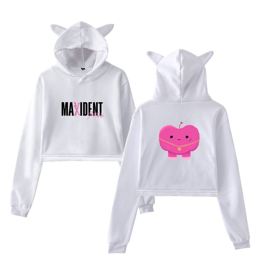 Maxidnt pink cartoon character hoodie, cute pink illustration with a gold chain print, trendy K-pop merchandise.