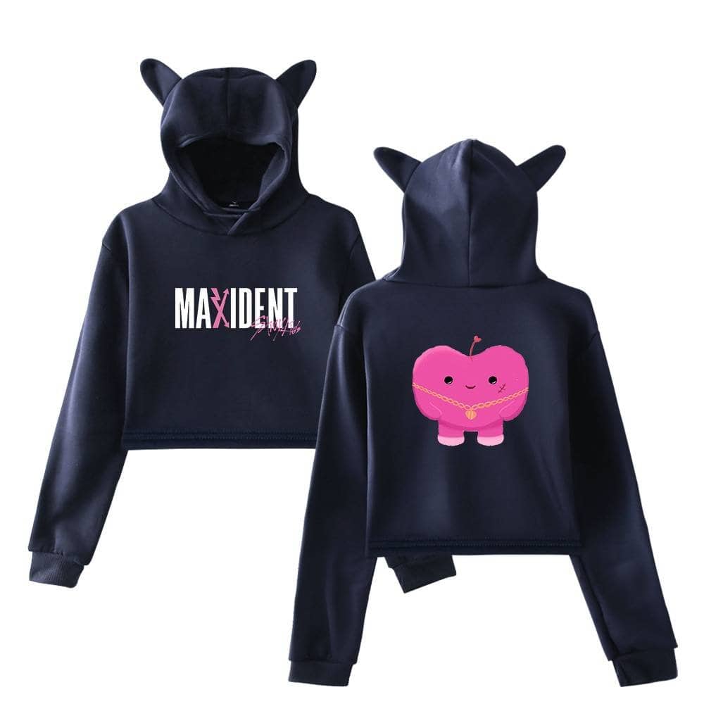 MaxIDent plush black hoodies with cute pink apple character and cat ears, perfect for K-pop merchandise fans.