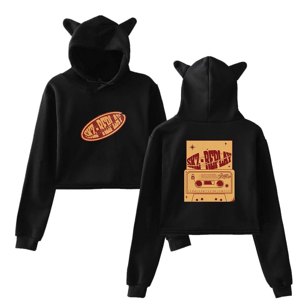 Soft black hoodie with cat ears and retro cassette tape graphic, perfect for Kpop fans.