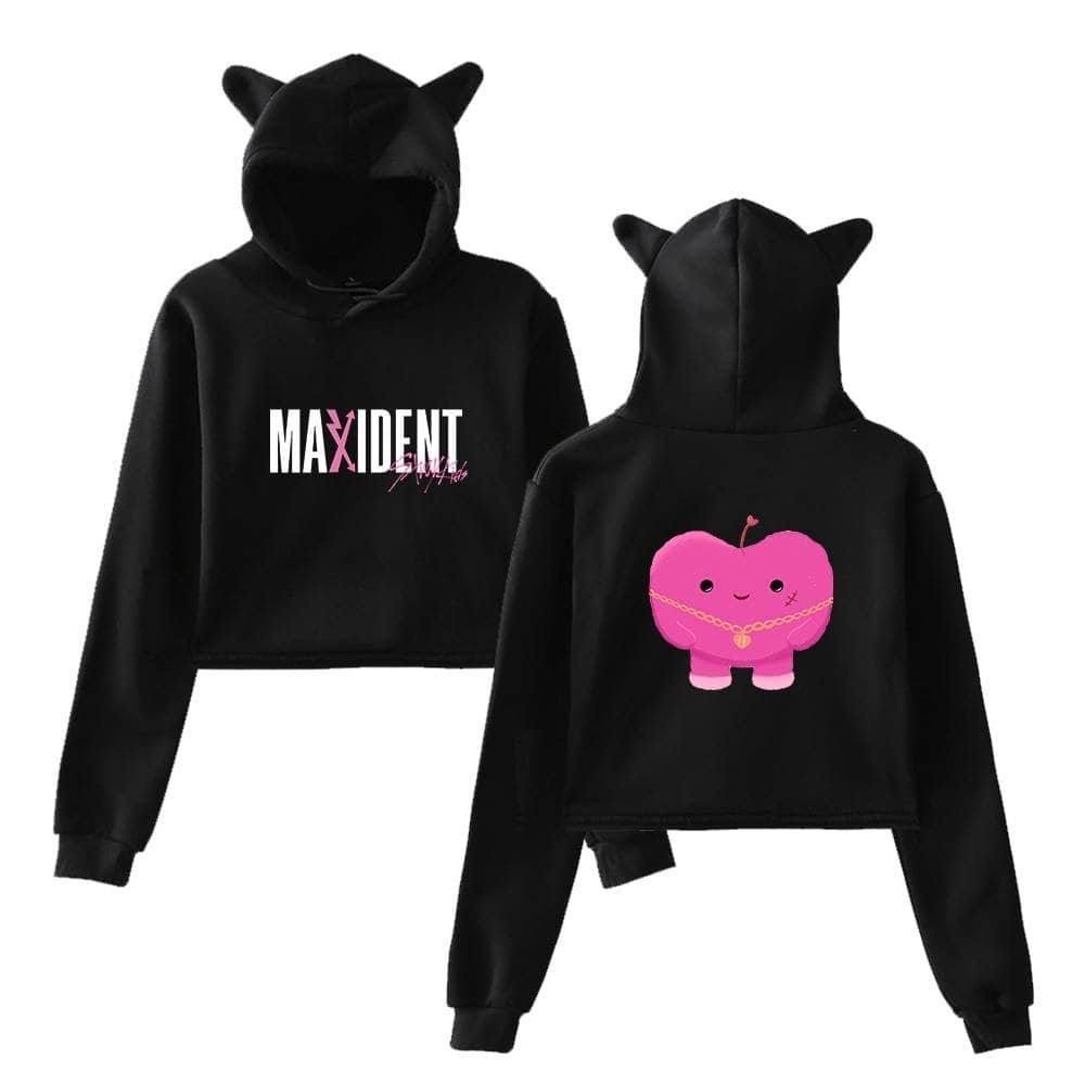 Cute black hoodies with cat ears featuring K-pop band logos and playful designs, perfect for fans of K-pop merch.