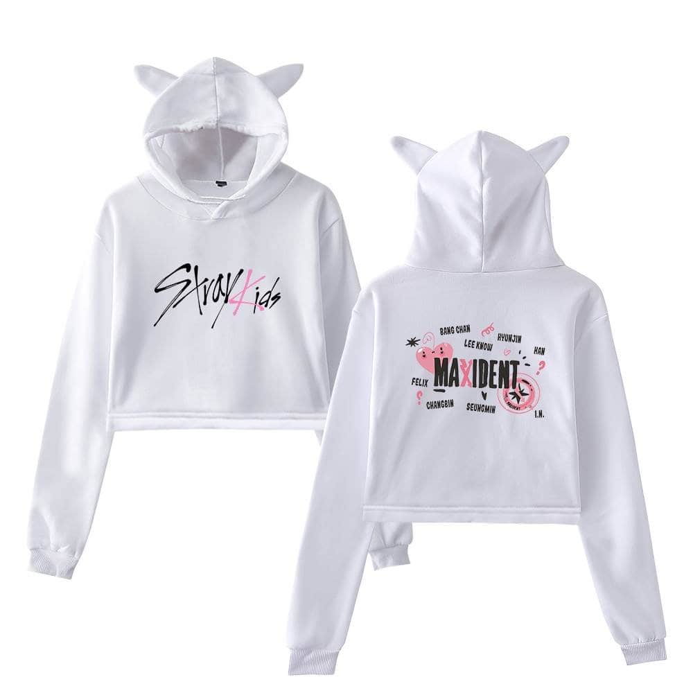Soft white hoodie with bunny ears, featuring MAXIDENT design on the back and "Stay Kids" print on the front, perfect for K-pop fans.