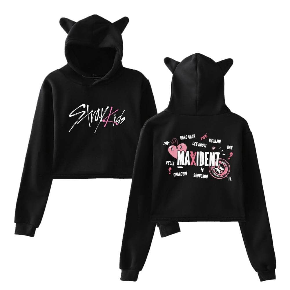 Kpop merch hoodie featuring Stray Kids and Maxident designs.