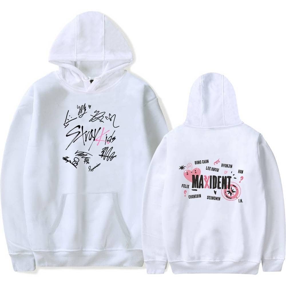 Kpop merch hoodie with MAXIDENT logo and signatures from the band members.