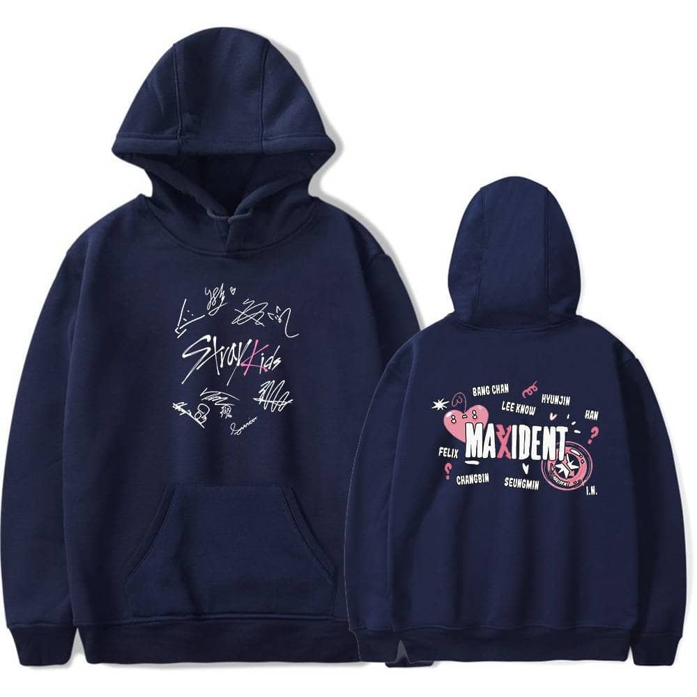 Signatures and group logo designs on navy blue hoodies, perfect for K-pop fans and merchandise collectors, featuring the boy band MAXIDENT and their member signatures.