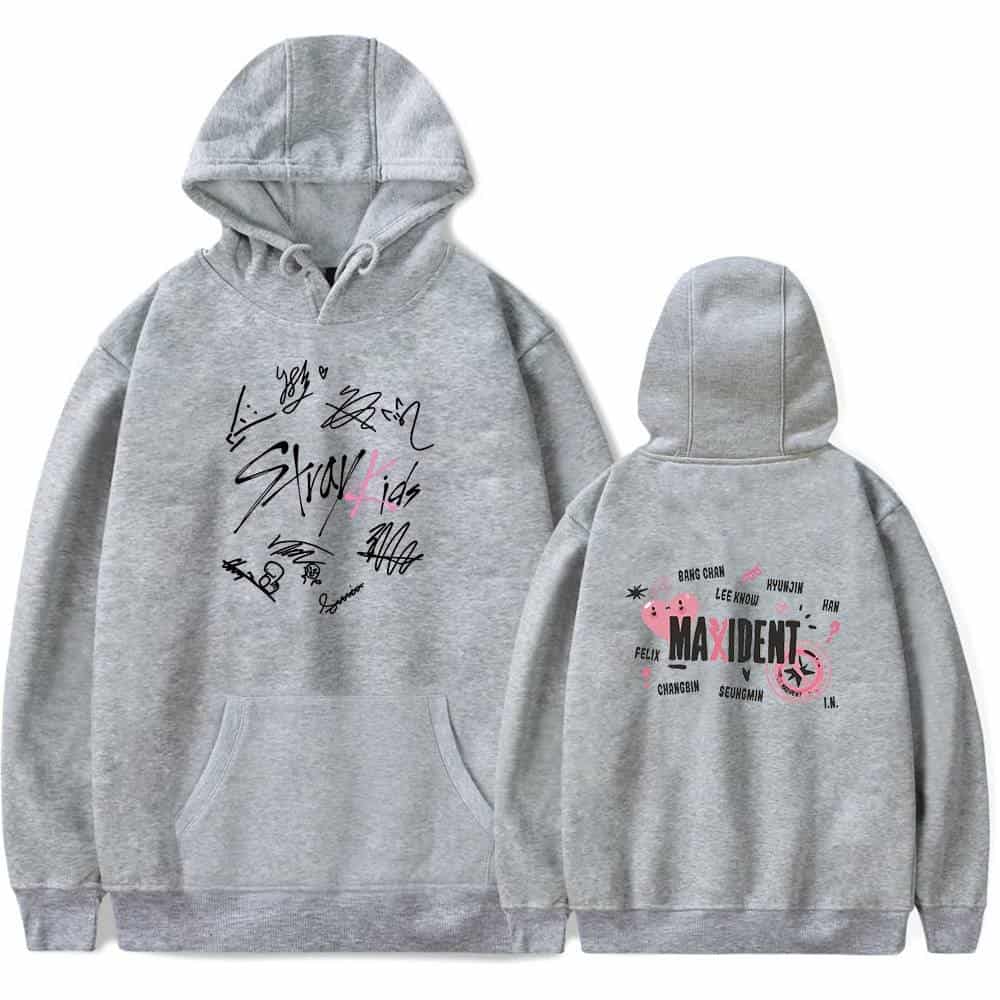 Youth gray hoodie with black and pink MAX DENT graphic and signatures.