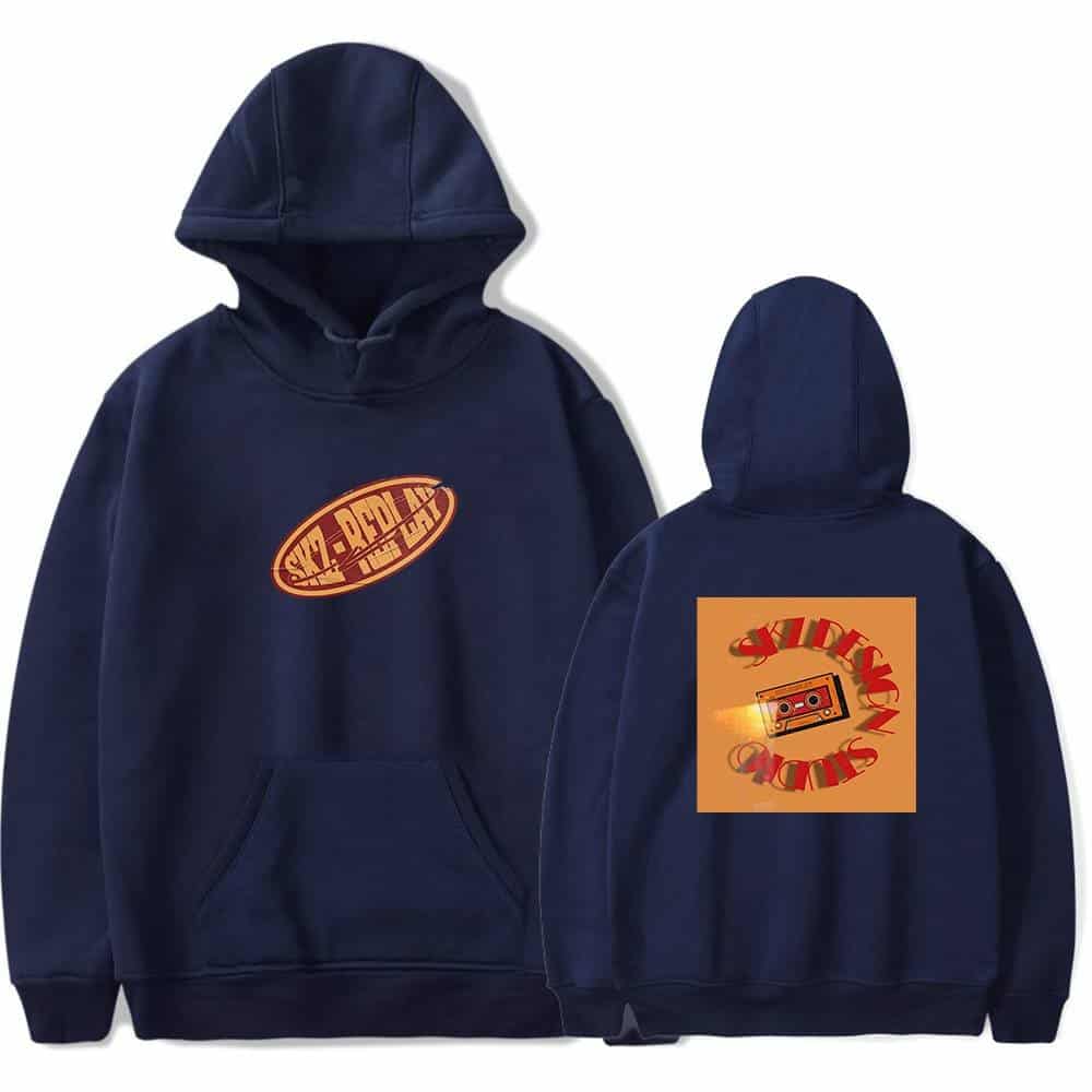 Vintage K-pop merch hoodie with retro design and bold logo prints.