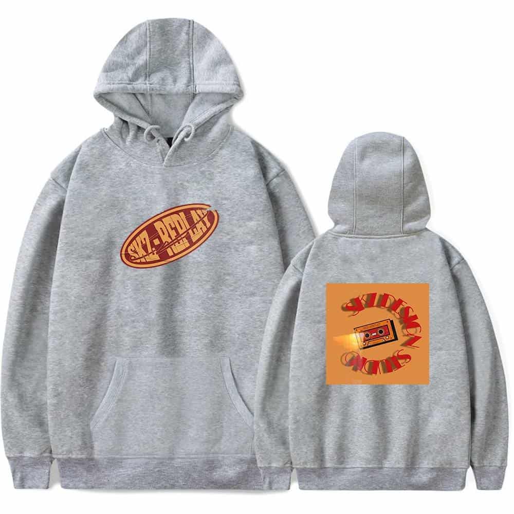 Vintage gray hoodie with trendy SKZ RDD graphics, perfect for K-pop merchandise fans.