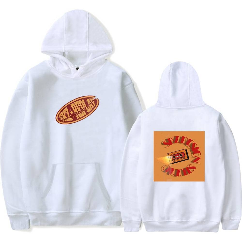 A white hoodie with colorful retro-style K-pop merchandise graphics on the front and back.