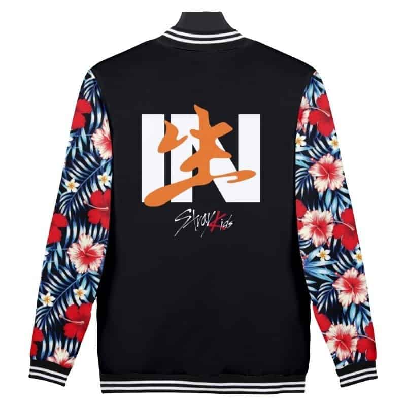 Bright floral-print K-pop merch hoodie featuring colorful hibiscus and palm leaf designs with "Stay Kids" text on the back. Perfect for K-pop fans and fashion.
