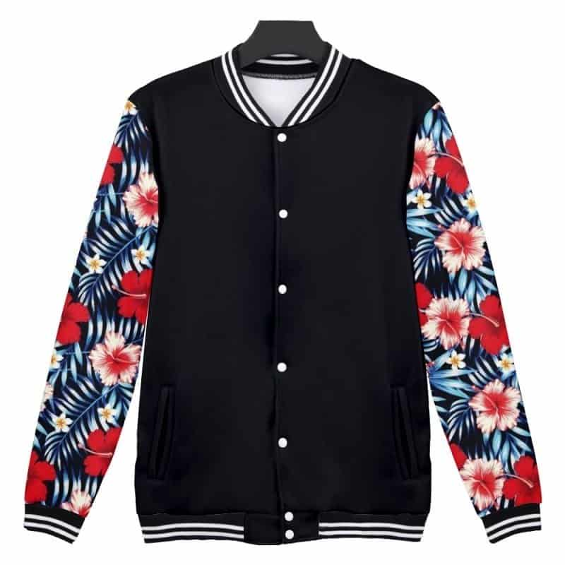 Colorful floral print varsity jacket with black body and striped cuffs and collar.