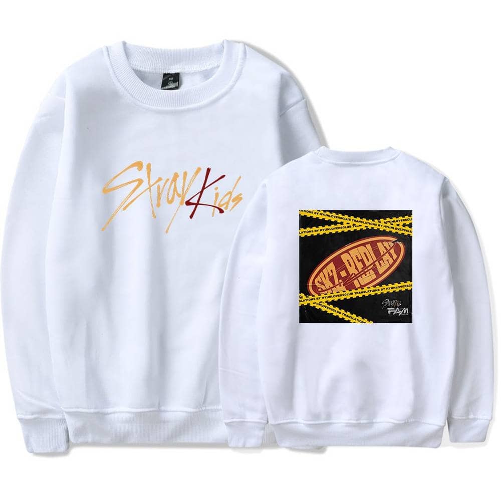 White sweatshirt with "Stray Kids" logo front and back, featuring bold graphic design and vibrant colors. Perfect for K-pop merchandise collectors and fans.