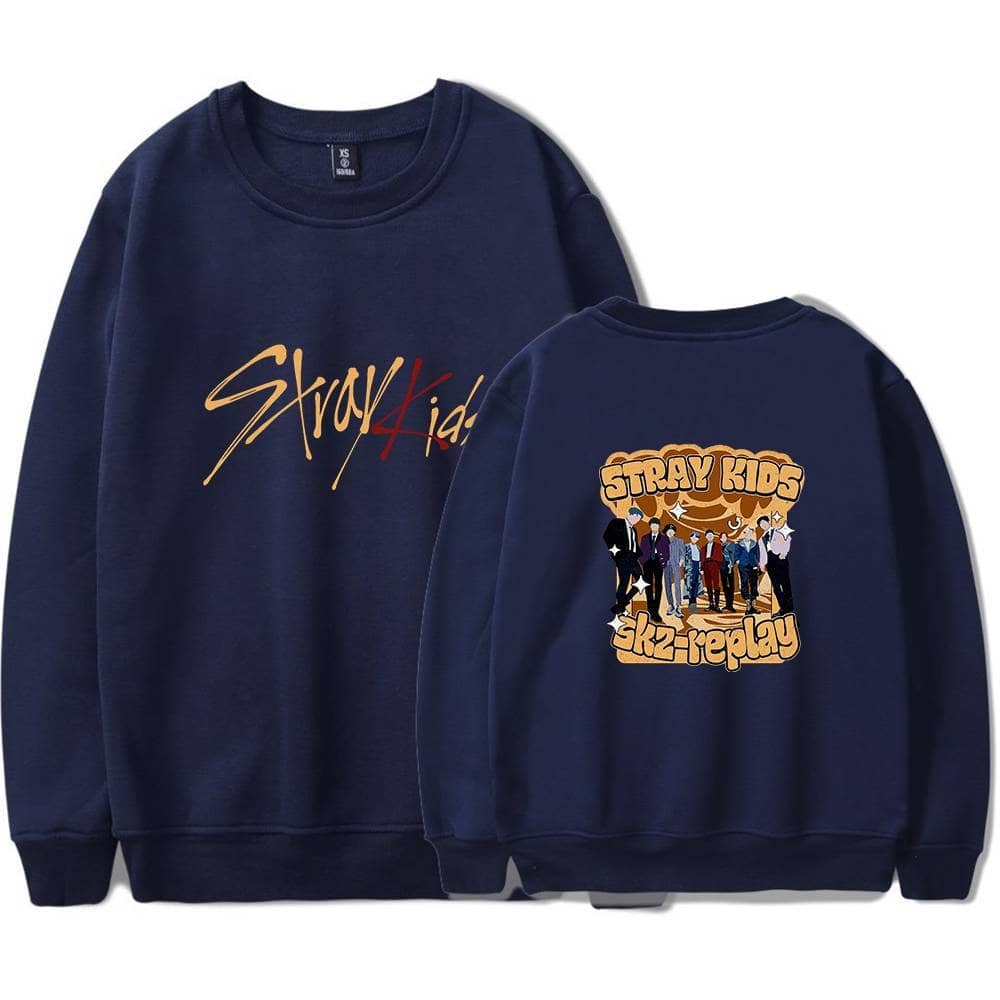 Kpop merch sweatshirt featuring Stray Kids band graphic design and logo.