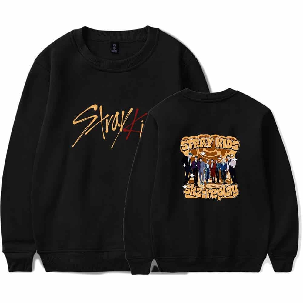 Cute Kpop sweatshirt with Stray Kids design and logo on front and back, perfect for fans; stylish streetwear for Kpop enthusiasts and collectors.
