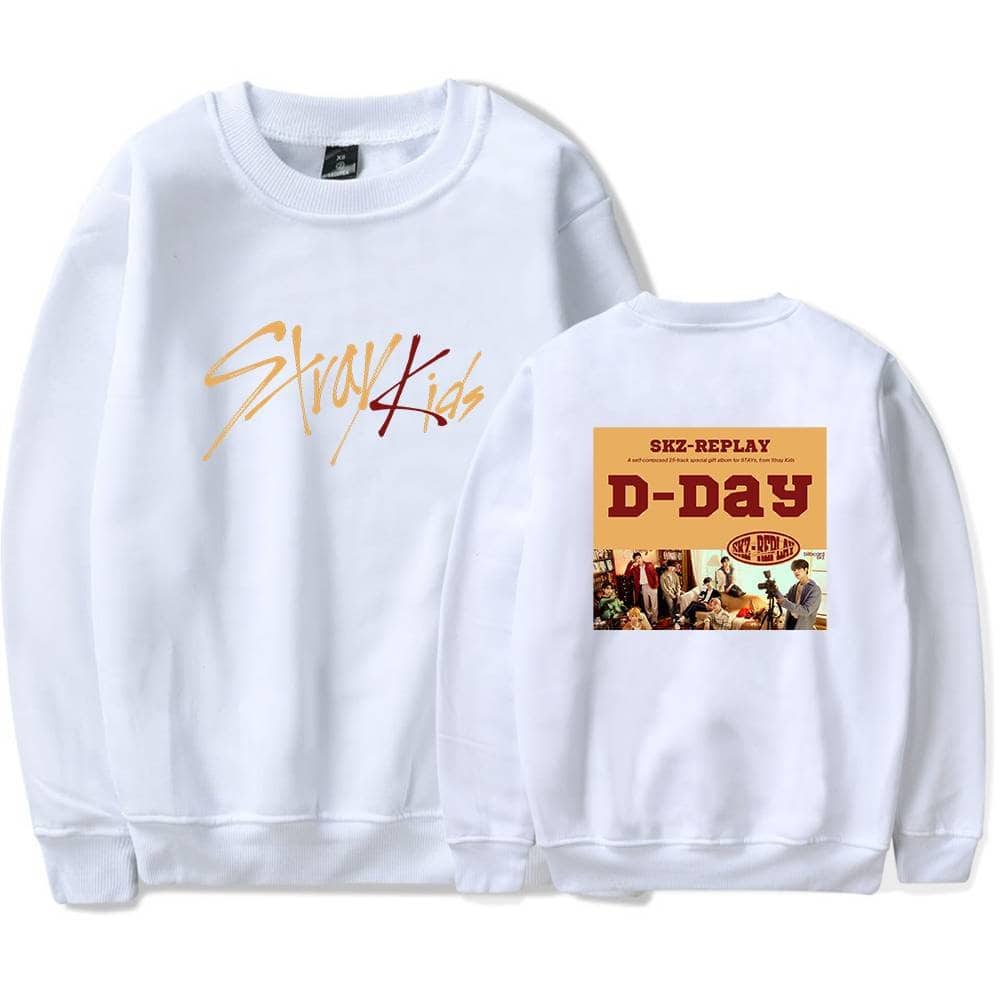 Colorful K-pop fan merchandise sweatshirt featuring SKZ-REPLAY D-DAY graphic design.