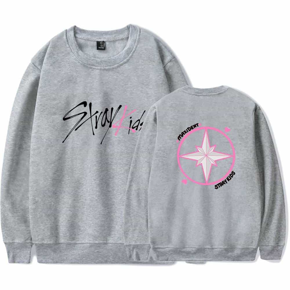 Comfortable grey sweatshirt featuring "Stray Kids" and "Maxident" graphics, perfect for K-pop fans and merchandise collectors.