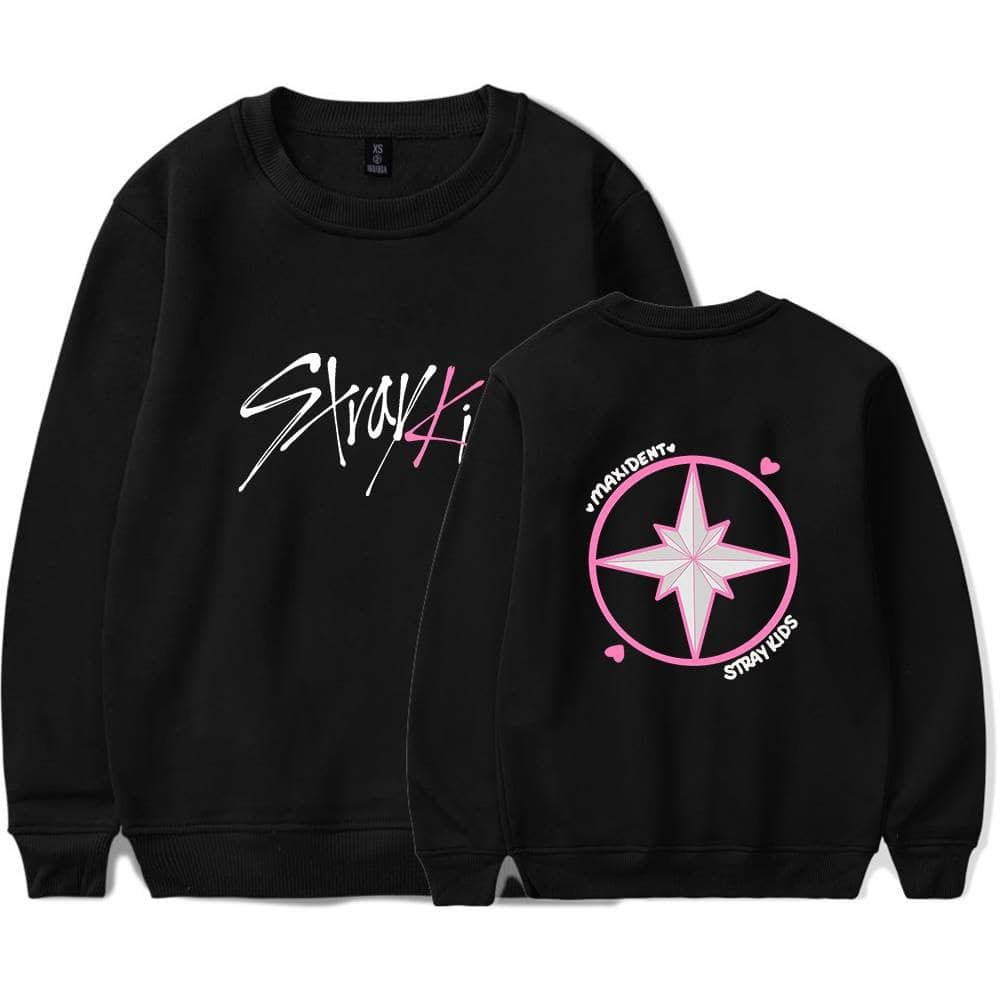 Bold black sweatshirts featuring K-pop group Stray Kids logo and branding, perfect for fans and merchandise collection.