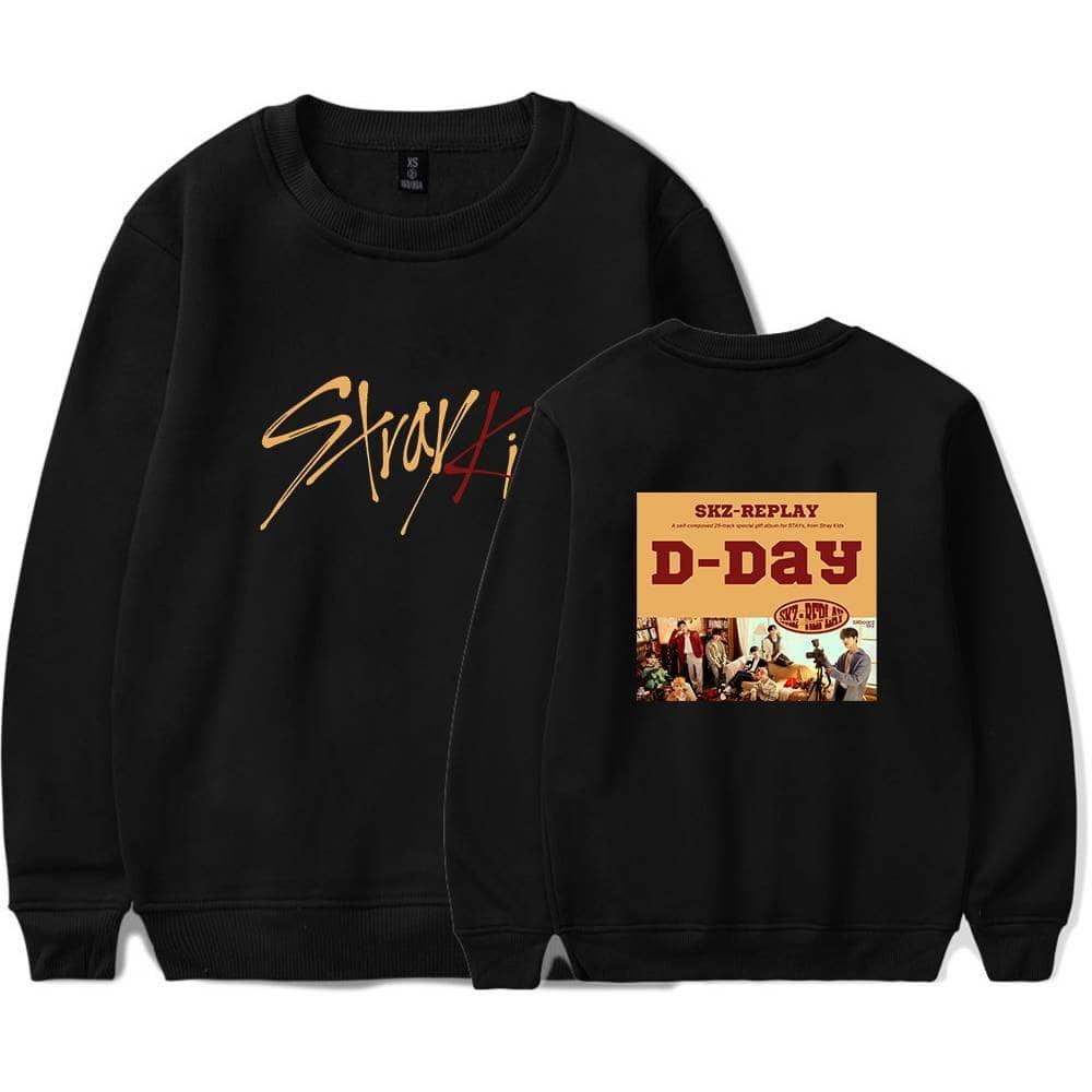 Skz-Replay D-Day sweatshirt, black crewneck with SKZ-REPLAY D-Day print and vintage-inspired group photo design.
