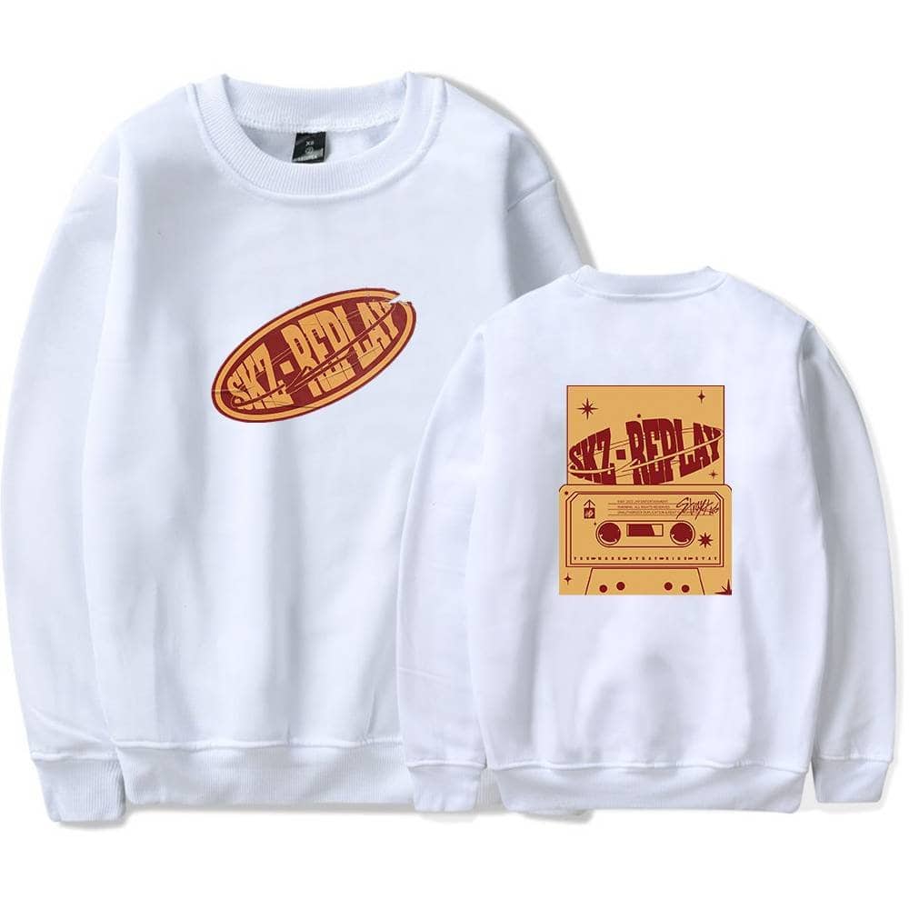 Vintage-inspired white sweatshirt with bold SKZ-RADIO graphic, perfect for K-pop fans and merchandise collection.